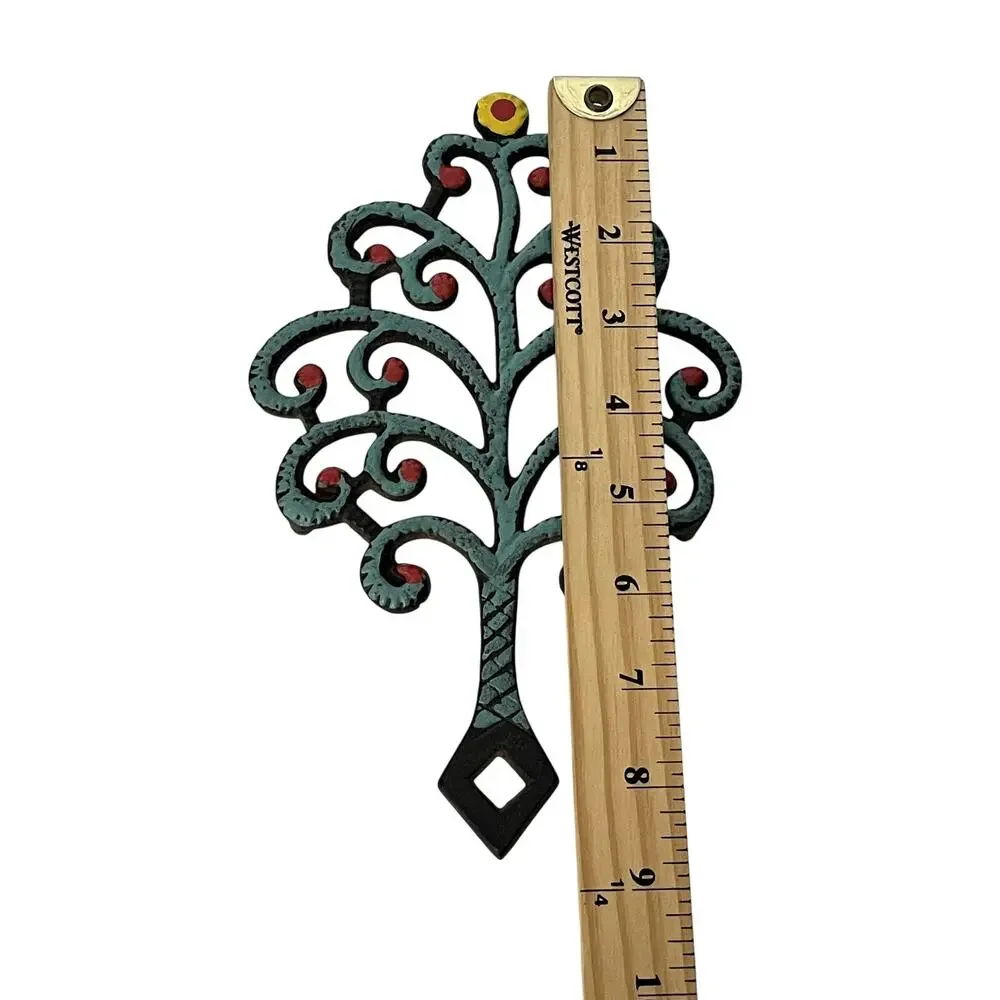 Vintage Cast Iron Family Tree Trivet John Wright Painted Mint Green Red Yellow